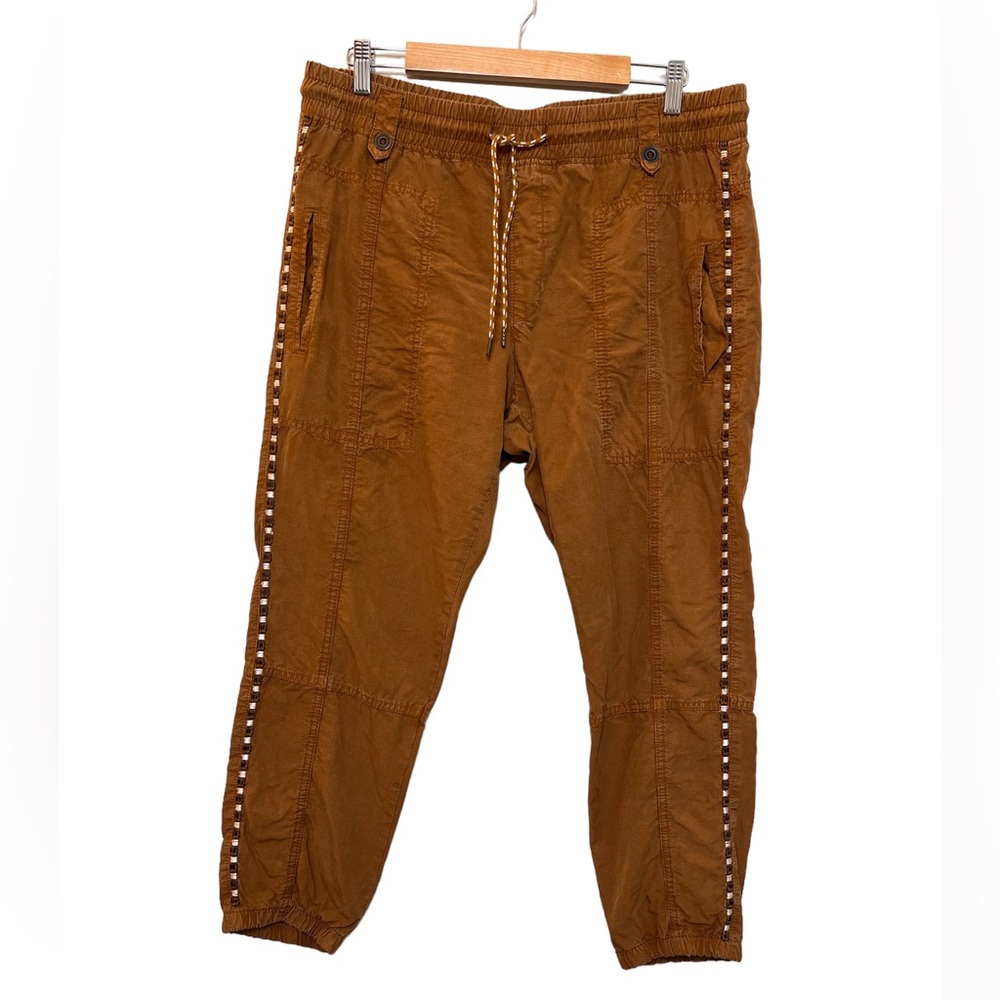 Anthropologie Dark Tan Joggers with Embroidered Outer Seam SZ L